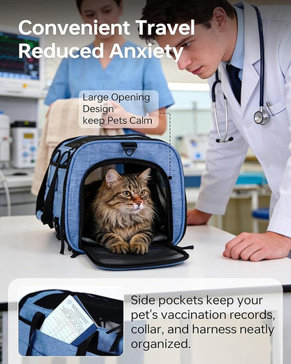 Pet Carrier with Removable Wheels American Airline Approved, Rolling Cat Carrier with Telescopic Handle and Shoulder Strap, Breathable Soft-Sided Carrier with Locking Zipper for Small Cats Dogs(Blue)