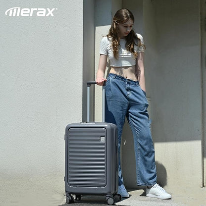 Merax Luggage Set of 3, 20, 24, 28inch with USB Port, 20, 24inch with front opening design with Cup Holder, ABS Hard Shell Luggage with Spinner Wheels, ABS+grey blue