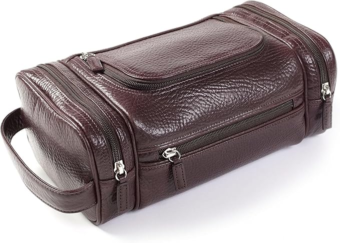 Leatherology Premium Espresso Multi Pocket Toiletry Bag - Main top zippered compartment with additional side and front zippered pockets