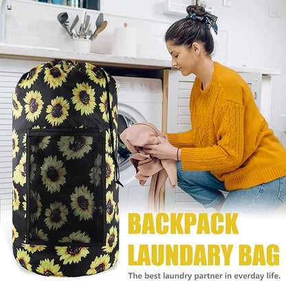 Laundry Bag Backpack, Extra Large Travel Laundry Bag with Mesh Pocket & Adjustable Shoulder Straps,Dirty Clothes Travel Bag for College Students Dorm,Apartment(Sunflower)