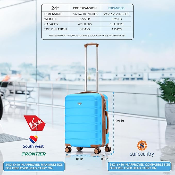 Flight Knight 24x16x10 Expandable Carry On Suitcase Hardside TSA Lock USB C Lightweight Luggage Silent Double Spinner Wheels Maximum Overhead Carry-On Bag For Virgin & South West Approved Airlines
