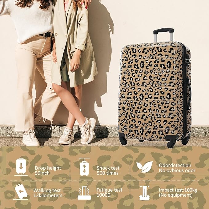 Merax Luggage Sets 3 Piece, Hardside Expandable Suitcase Set with Spinner Wheels, Lightweight Leopard 20+24+28 IN Suitcase with Carry on Luggage, Leopard Brown
