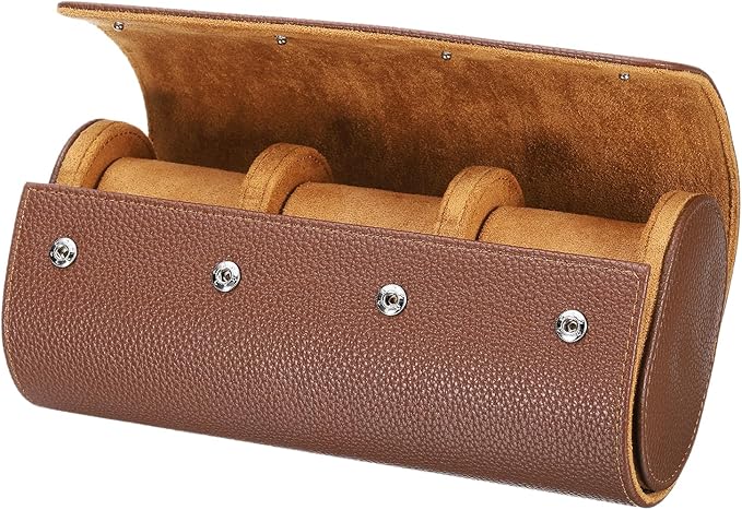 HARFINGTON Watch Roll Travel Case 3 Slot Portable Leather Watch Case for Men and Women, Watches Storage Organizer with Removable Pillow for Traveling, Display, Textured Brown