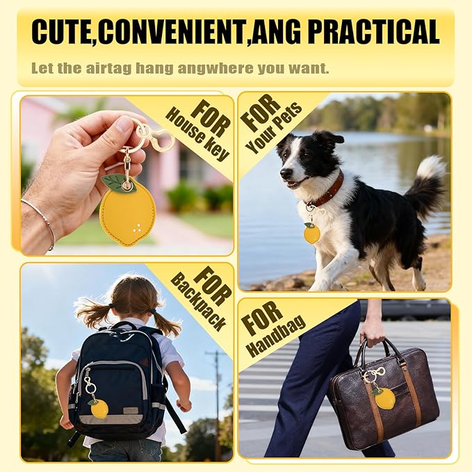 Leather Keychain for Airtag, Cute Protective Keychain Holder Compatible with Apple Air Tag,GPS Item Tracker Case Cover for Keys,Bags,Pets,Luggage(Lemon)