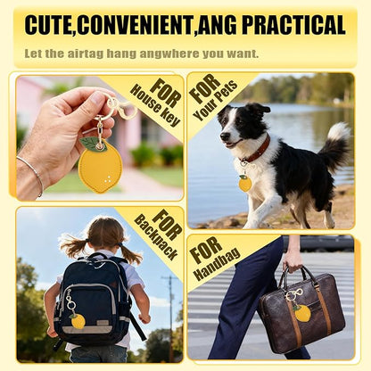 Leather Keychain for Airtag, Cute Protective Keychain Holder Compatible with Apple Air Tag,GPS Item Tracker Case Cover for Keys,Bags,Pets,Luggage(Lemon)