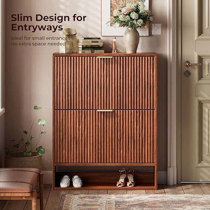 Evermagin 31.5''W Walnut Shoe Cabinet Storage for Entryway, Fluted Slim Shoe Dresser with 2 Flip Drawers, Narrow Shoe Rack Cabinet, Hidden Shoe Organizer Cabinet for Entrance, Hallway