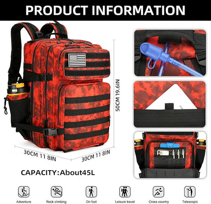 45L Tactical Assault Backpack 3 day assault pack with Molle Waterproof backpack Rucksack for Tactical Backpacks (Red water pattern)