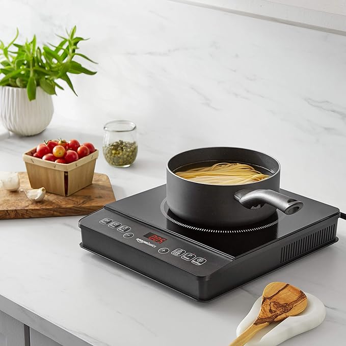Amazon Basics 1800W Electric Portable Induction Cooktop, Induction Burner with Child Lock, Overheat Protection, Timer, 8 Power Settings, Up to 440°F, for Cookware with Diameter 5.7"-8.2", Black