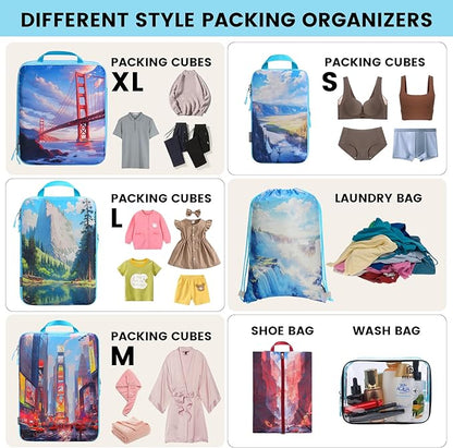 Lightweight Compression Packing Cubes for Suitcases, Compressible Expandable Travel Packing Organizer with Clear Toiletries and Backpack Bag, Travel Essentials for Carry on Luggage 7 Set