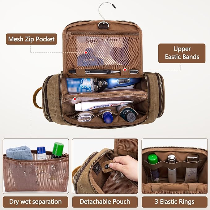 Yarwo Hanging Toiletry Travel Bag for Men, Waxed Canvas Men Dopp Kit Hygiene Bag with Detachable Zipper Pouch, Water-resistant Shaving Storage Bag for Razor and Travel Essentials, Xmas Gift for Man