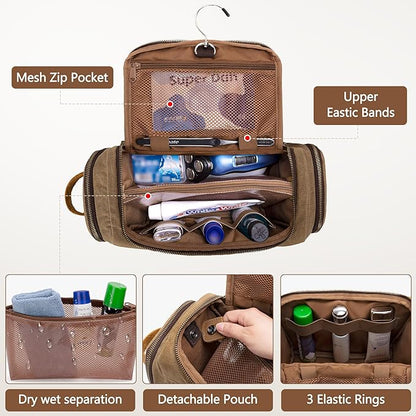 Yarwo Hanging Toiletry Travel Bag for Men, Waxed Canvas Men Dopp Kit Hygiene Bag with Detachable Zipper Pouch, Water-resistant Shaving Storage Bag for Razor and Travel Essentials, Xmas Gift for Man