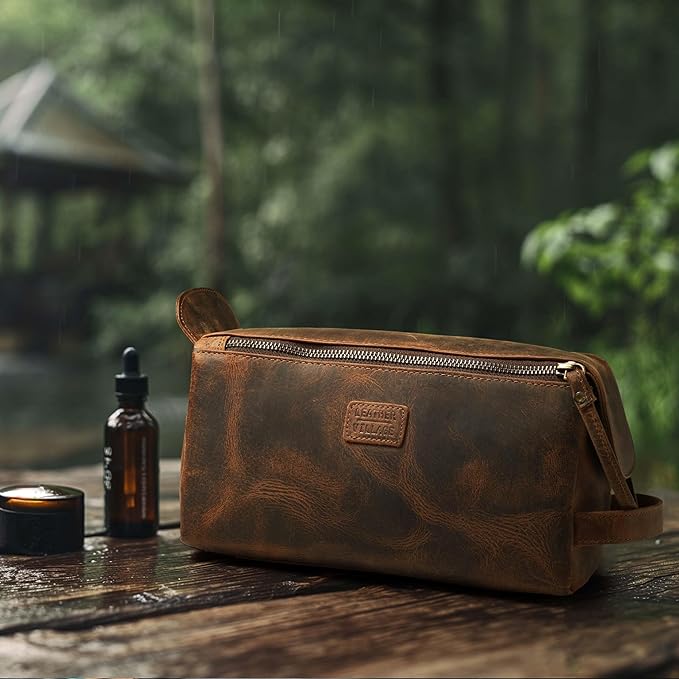 LEATHER VILLAGE Premium Leather Travel Toiletry Bag - Water-Resistant Dopp Kit for Toiletries, Large Shaving Bag & Bathroom Organizer - Gift for Men & Women - Rustic Brown