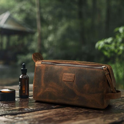 LEATHER VILLAGE Premium Leather Travel Toiletry Bag - Water-Resistant Dopp Kit for Toiletries, Large Shaving Bag & Bathroom Organizer - Gift for Men & Women - Rustic Brown