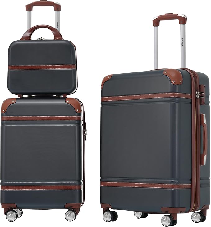 Merax Luggage Set 2 Piece Suitcase Set with Cosmetic Case Expandable Spinner Wheels Vintage Luggage Sets(Black,20"+24")