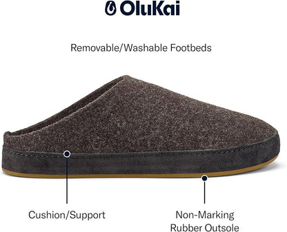 OLUKAI Hamani Hulu Men's Wool Mule Slippers, Soft & Comfortable Slippers with Premium Materials, Sheepskin Shearling & Italian Felt, All-Day Wear, Dark Java/Dark Java, 7
