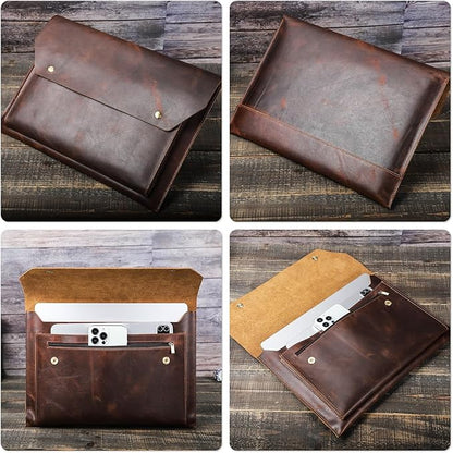 Top Grain Leather 16.2" Laptop Bag, Magnetic Snap Button Design & 3 Pockets, Compatible with MacBook Pro 16.2" A2485 M1 Max 15" Touch Bar A2141 A1707 Pro 16" Touch ID A1990, Coffee 16.2 Inch