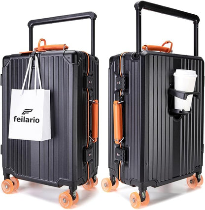 feilario 24" Aluminum Frame Wide Handle Hard Shell Carry On Suitcase - Vivid Colors Double Spinner Wheels Airline Approved Rolling Luggage with TSA Lock & Cup Holder (Black, 24in)