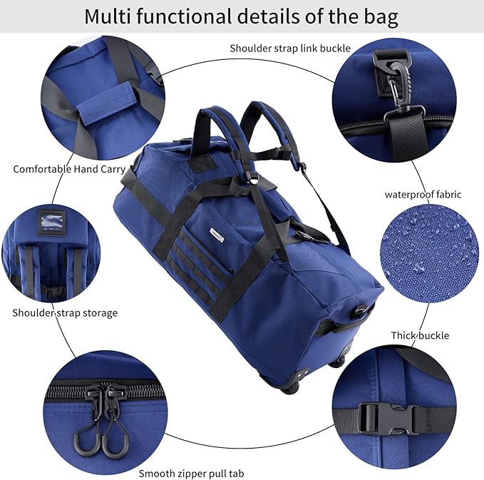 80L Waterproof Rolling Duffel Bag with Wheels, Military Tactical Wheeled Foldable For Deployment Traveling Camping Sporting (Blue)