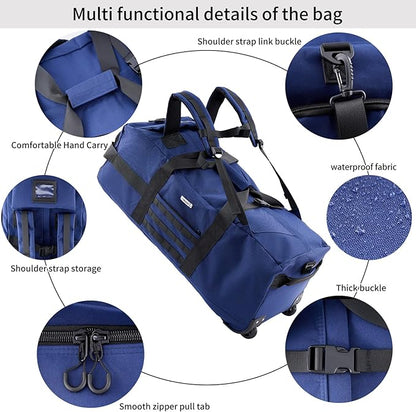 80L Waterproof Rolling Duffel Bag with Wheels, Military Tactical Wheeled Foldable For Deployment Traveling Camping Sporting (Blue)