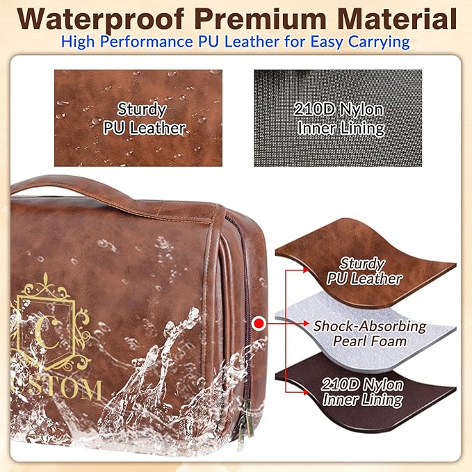 Custom 3-in-1 PU Leather Toiletry Bag for Men - Personalized Hanging Travel Organizer with Multiple Compartments for Father, Husband, Boyfriend - Business Trip Gift (Yellowish brown)