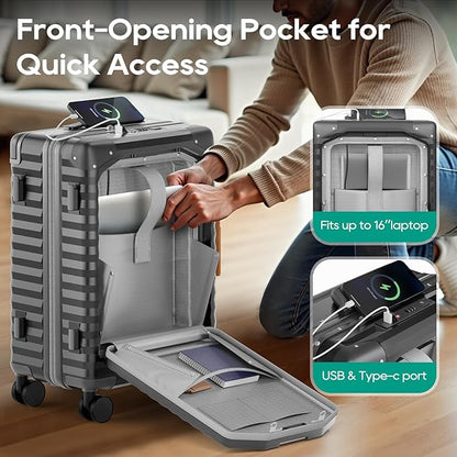Joyway 20 Inch Carry on Luggage with Front Pocket, PC Hardshell Carry-on Suitcase with USB Port and Cup Holder, 21.5x14.2x9 Airline Approved, Luggage with Spinner Wheels and TSA Lock (Grey)
