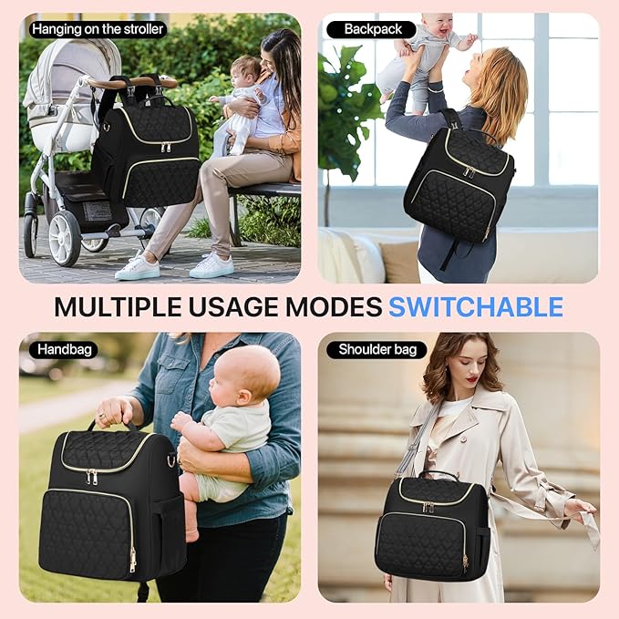 Diaper Bag Backpack, 4 in 1 Convertible Baby Travel Backpacks, Diaper Bag with Changing Pad Diaper bag, Baby Bag for Mom, Insulated Pockets, Stroller Straps, Black