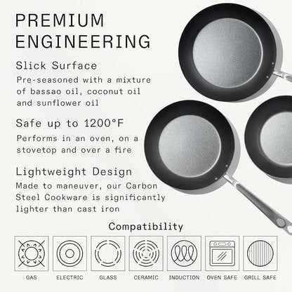 Made In Cookware - 3 Piece (Includes 8",10",12") Seasoned Blue Carbon Steel Frying Pan - (Like Cast Iron, but Better) - Professional Cookware - Crafted in Sweden - Induction Compatible