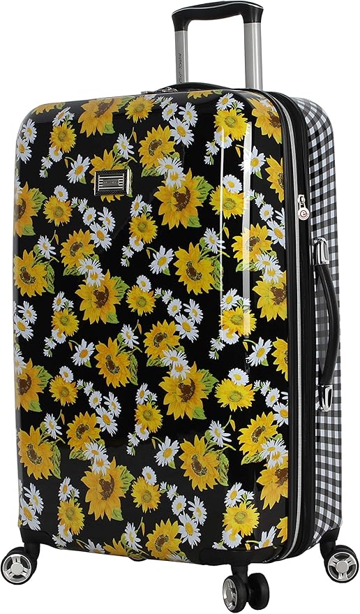 Betsey Johnson 26 Inch Checked Luggage Collection - Expandable Scratch Resistant (ABS + PC) Hardside Suitcase - Designer Lightweight Bag with 8-Rolling Spinner Wheels (Sunflower)