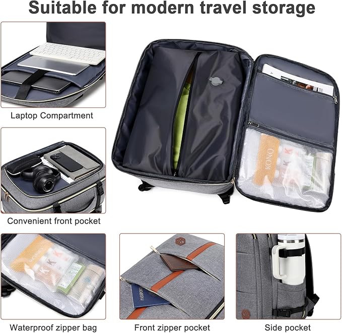 40L Travel Laptop Backpack for Women & Men, Airline Approved Carry On Luggage Overnight Bags, Waterproof Personal Item Bag, Weekender Essentials Backpacks Vacuum Backpack Gray