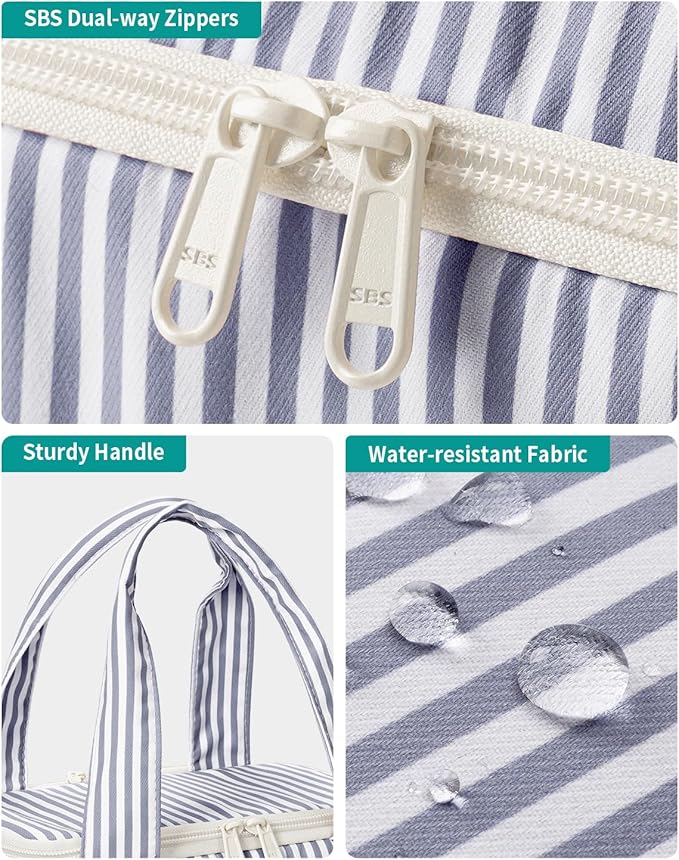 Narwey Large Travel Toiletry Bag, Wide-open Travel Bag for Toiletries, Toiletry Bags for Traveling Women, Cosmetic Make Up Makeup Bag Organizer with Wet Pocket, Skincare Bag (Greyish Blue Stripe)