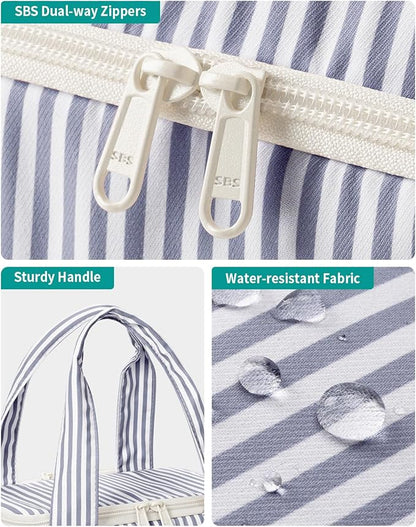 Narwey Large Travel Toiletry Bag, Wide-open Travel Bag for Toiletries, Toiletry Bags for Traveling Women, Cosmetic Make Up Makeup Bag Organizer with Wet Pocket, Skincare Bag (Greyish Blue Stripe)