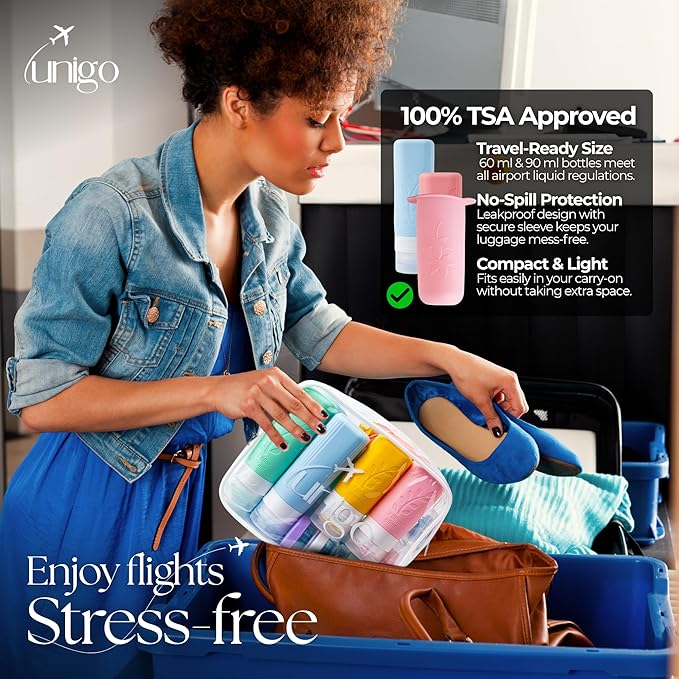 Unigo 30pack Full Set TSA Approved Travel Bottles, Travel Size Containers for Toiletries, Refillable Leakproof Travel Shampoo and Conditioner Bottles, Toiletry Containers,Extra Bottle Sleeves, (A-set)