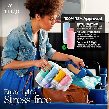 Unigo 30pack Full Set TSA Approved Travel Bottles, Travel Size Containers for Toiletries, Refillable Leakproof Travel Shampoo and Conditioner Bottles, Toiletry Containers,Extra Bottle Sleeves, (A-set)