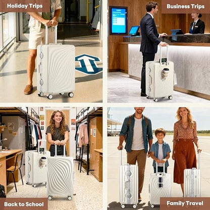 3-Piece Hardside Luggage Sets Aluminum Frame, 20+24+28 Inch Suitcases with USB Charging Port, Foldable Cup Holder, TSA Locks & Spinner Wheels for Travel, Ivory White