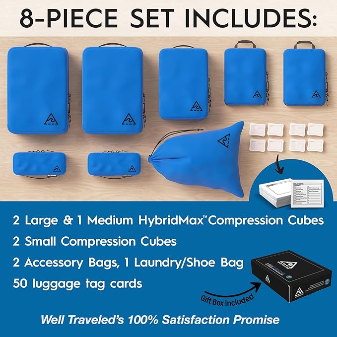 8-Piece Luxury Compression Packing Cubes & Bags for Travel – Maximize Space in Luggage with HybridMax Double-Capacity Design, 50 Luggage Tags, Deluxe Set, Lifetime Satisfaction Suitcase Organizer Bags