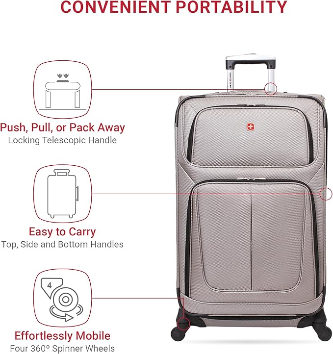 SwissGear Sion Softside Expandable Luggage – Large Checked Suitcase with 360 Degree Wheels & Retractable Handle – 29 Inch, Perfect for 7-9 Night Trips – Pewter