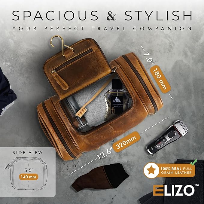 ELIZO Genuine Leather Toiletry Bag for Men Mens Toiletry Bags for Traveling Waterproof Hanging Leather Dopp Kit w/Hook Extra largeToiletry Bag Travel Organizer for Toiletries
