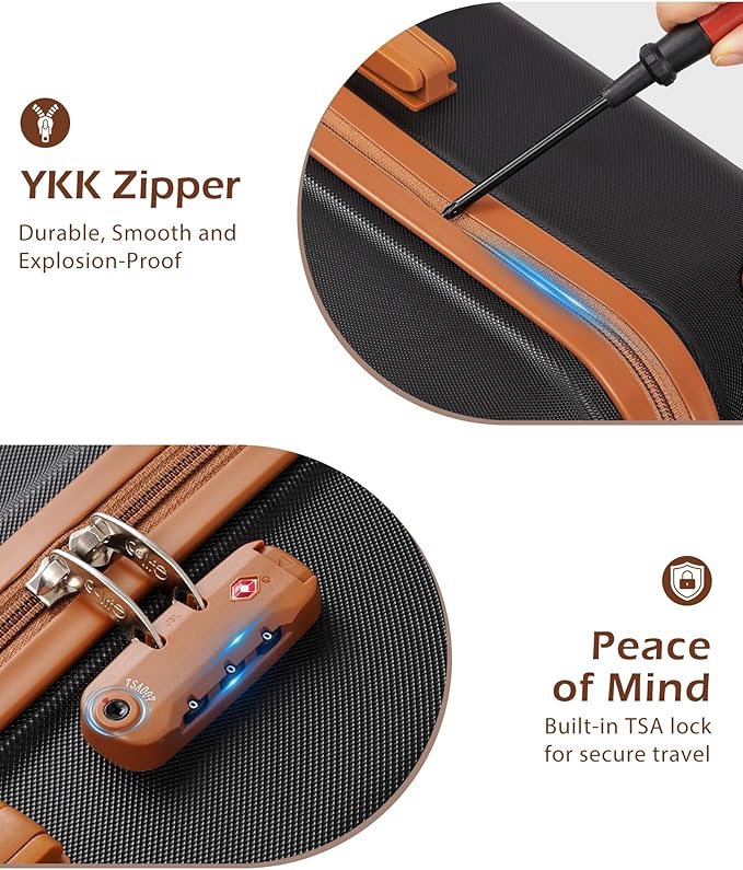 Coolife Luggage, Suitcase with Durable and Lightweight, Checked Luggage with ABS Hardshell, Dual Spinner Wheels, TSA Lock, and YKK Zipper (apricot black, M(24in))