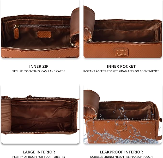 LEATHER VILLAGE Premium Carbon Fiber Genuine Leather Travel Toiletry Bag - Large Dopp Kit, Water-Resistance Bathroom Kit & Shaving Organizer for Men & Women - Tan