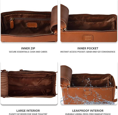 LEATHER VILLAGE Premium Carbon Fiber Genuine Leather Travel Toiletry Bag - Large Dopp Kit, Water-Resistance Bathroom Kit & Shaving Organizer for Men & Women - Tan