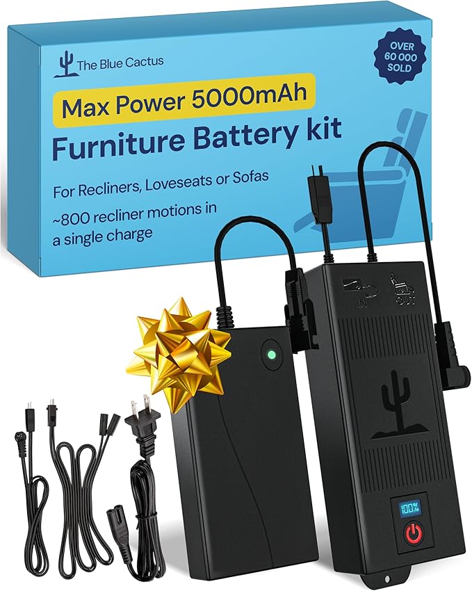 The Blue Cactus Max Power 5000mAh Kit - Battery, Power Transformer, Cords - 2-Pin Connector - Wireless with LED & Low Charge Alert - Couch Battery Pack for Reclining Chairs, Sofas & Loveseats