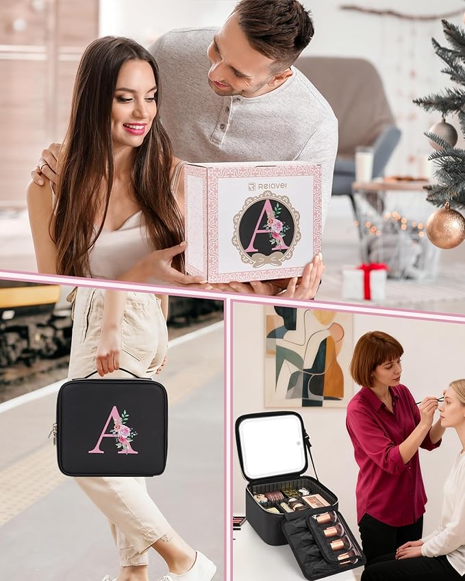 Relavel Initial Makeup Bag with LED Mirror for Women Girls, Personalized Travel Cosmetic Organizer Train Case, Birthday Gifts for Grandkids Bridesmaid Graduation Teacher Friends, Trendy Stuff, Black A