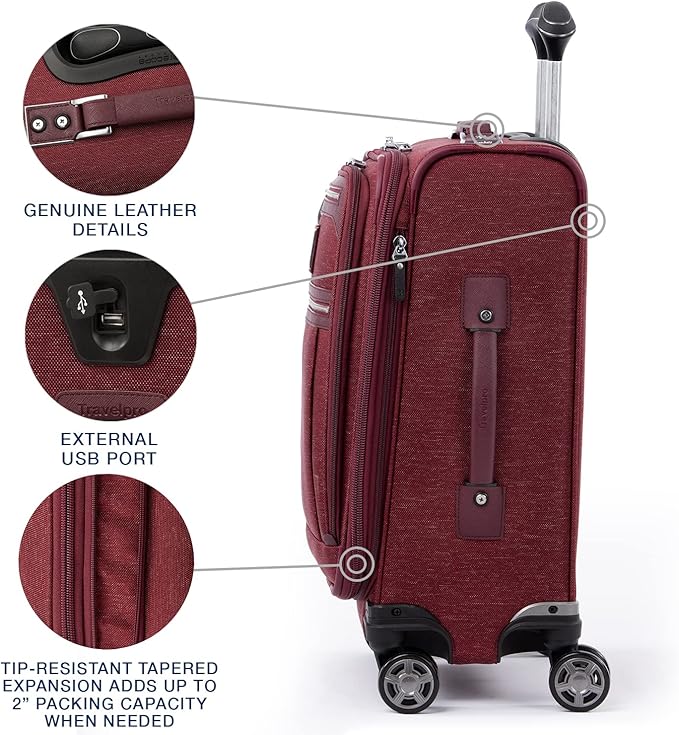 Travelpro Platinum Elite Softside Expandable Carry on Luggage, 8 Wheel Spinner Suitcase, USB Port, Laptop and Tablet Sleeves, Men and Women, Bordeaux Red, Carry On 20-Inch