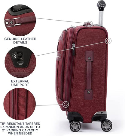 Travelpro Platinum Elite Softside Expandable Carry on Luggage, 8 Wheel Spinner Suitcase, USB Port, Laptop and Tablet Sleeves, Men and Women, Bordeaux Red, Carry On 20-Inch