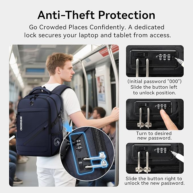 CROSSGEAR Laptop Backpack, 17.3 Inch Large Travel Computer Backpack with Anti-theft Lock, Multi-pocket, USB Charging Port, Breathable Padded, Water Resistant Business Casual Daypacks for Men Women