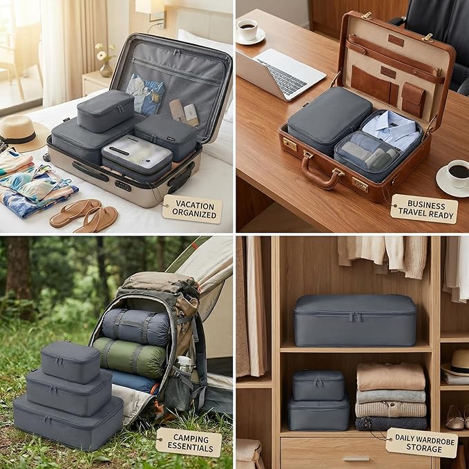 Compression Packing Cubes for Travel, 6-Piece Set (L/M/S), Double-Zip Luggage Organizers with Mesh Panels, Space-Saving Clothes Storage Bags for Suitcase & Carry-On (6 Pack, Charcoal Gray)