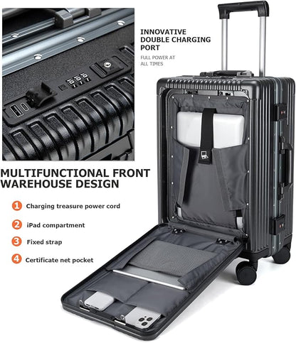 feilario 20in Aluminium Frame Zipperless PC Hard Shell Spinner Wheels Luggage, Built-In TSA lock Carry on Suitcase, with Cup Holder, USB Port, Phone Holder