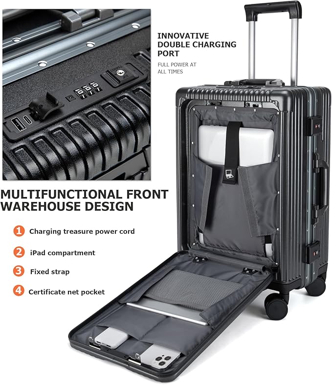 feilario 24in Aluminium Frame Zipperless PC Hard Shell Spinner Wheels Luggage, Built-In TSA lock Carry on Suitcase, with Cup Holder, USB Port, Phone Holder