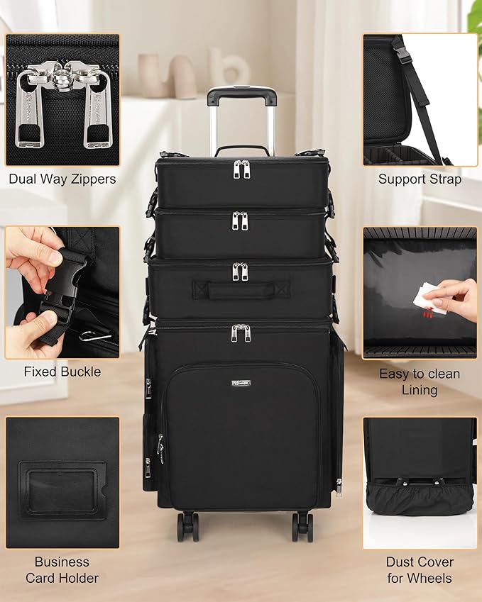 Relavel Rolling Makeup Case, 4 in 1 Hairstylist Traveling Bag Cosmetology Case on Wheels Large Hair Tools Cosmetics Train Case Makeup Artist Organizer (black with 4 additional small bags, Extra Large)