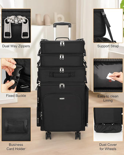 Relavel Rolling Makeup Case, 4 in 1 Hairstylist Traveling Bag Cosmetology Case on Wheels Large Hair Tools Cosmetics Train Case Makeup Artist Organizer (black with 4 additional small bags, Extra Large)